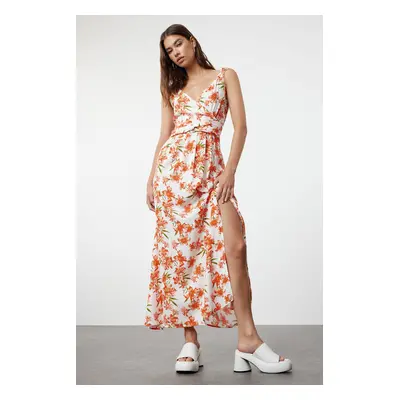 Trendyol Orange Floral Patterned Double Breasted Slit Detailed Maxi Woven Dress