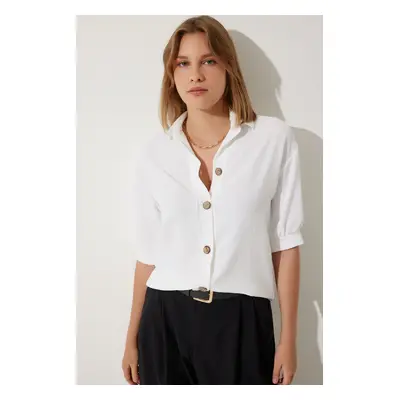 Happiness İstanbul Women's White Balloon Sleeve Linen Ayrobin Shirt