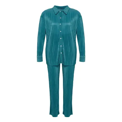 Trendyol Curve Emerald Green Elastic Waisted Pleated Plus Size Shirt Trousers Bottom-Top Set