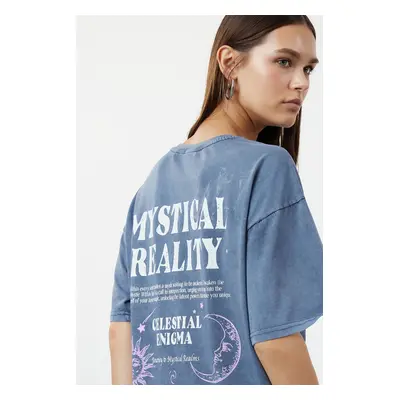 Trendyol Indigo Oversize/Wide Pattern Washed Slogan and Back Printed 100% Cotton Knitted T-Shirt