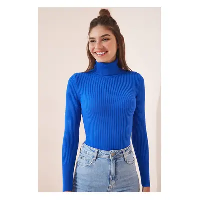 Happiness İstanbul Women's Vivid Blue Turtleneck Corded Lycra Sweater