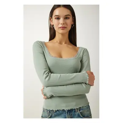 Happiness İstanbul Women's Almond Green Lace Detail Ribbed Knitted Blouse