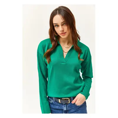 Olalook Women's Emerald Green Polo Neck Fine Knitwear Sweater