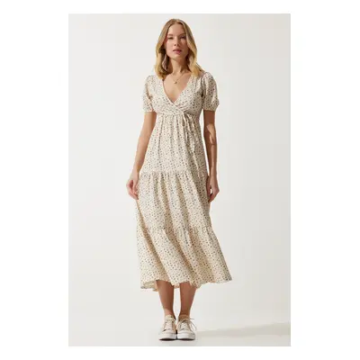 Happiness İstanbul Women's Cream Wraped Collar Patterned Summer Knitted Dress