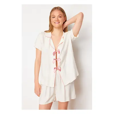 Trendyol Ecru Ribbon/Bow and Piping Detailed Viscose Woven Pajama Set