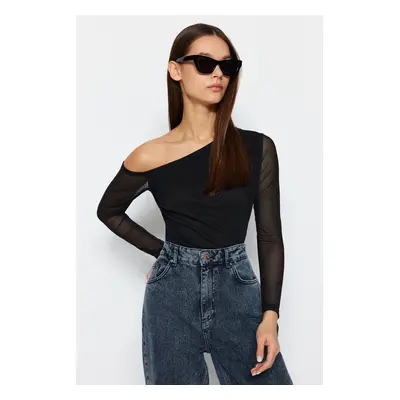 Trendyol Black Tulle Lined Asymmetrical Collar Knitted Blouse