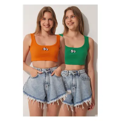 Happiness İstanbul Women's Orange Green 2-pack Panda Embroidery Knitted Crop Top