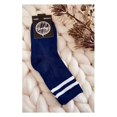 Youth Cotton Sports Socks With Stripes Navy Blue