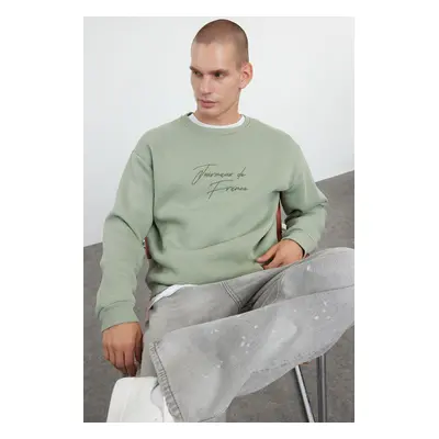 Trendyol Mint Oversize/Wide Cut Text Embroidered Thick Fleece Sweatshirt