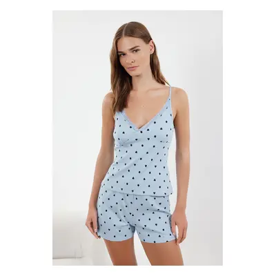 Trendyol Light Blue Cotton Heart Lace Detailed Rope Strap Ribbed Knitted Pajama Set