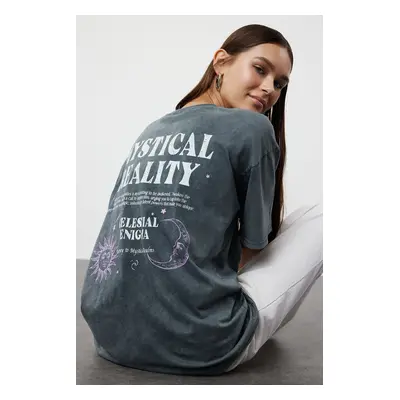 Trendyol Anthracite Oversize/Wide Pattern Washed Slogan and Back Printed 100% Cotton Knitted T-S