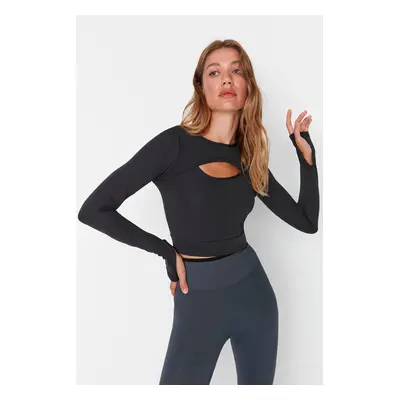 Trendyol Dark Anthracite Crop Window/Cut Out and Thumb Hole Detail Knitted Sports Top/Blouse