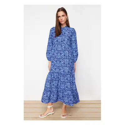 Trendyol Sax Patterned Half Pat Wide Fit Cotton Woven Dress