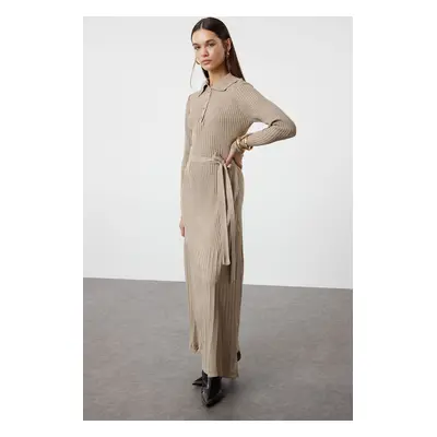 Trendyol Mink Belted Polo Neck Corded Knitted Knitwear Dress