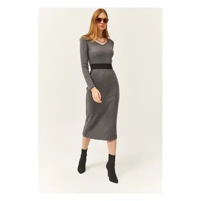 Olalook Women's Smoky Pool Neck Thick Ribbed Midi Dress