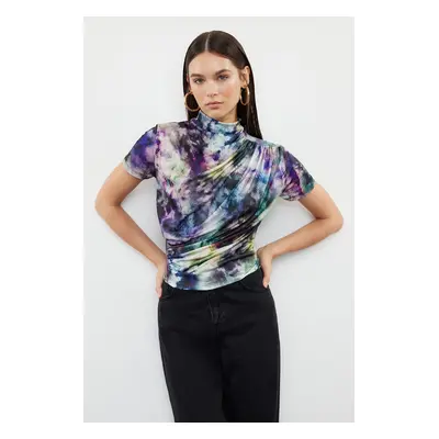 Trendyol Multicolored Printed Gathering/Drape Detailed Fitted Short Sleeve Stand Collar Stretchy