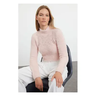 Trendyol Powder Crop Soft Textured Bead Detailed Knitwear Sweater