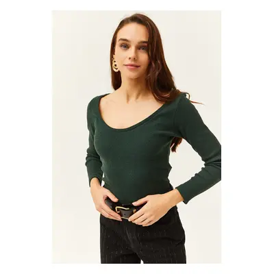 Olalook Women's Emerald Green Pool Neck Raised Lycra Blouse