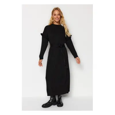 Trendyol Black Ruffle Detailed Ribbed Knitted Dress