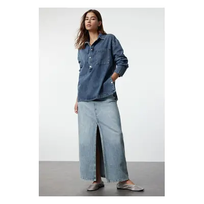 Trendyol Blue Accessory Detailed Oversize Denim Shirt