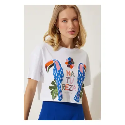 Happiness İstanbul Women's White Printed Crop Knitted T-Shirt