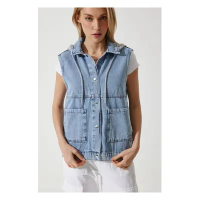 Happiness İstanbul Women's Medium Blue Hooded Wide Pocket Denim Vest