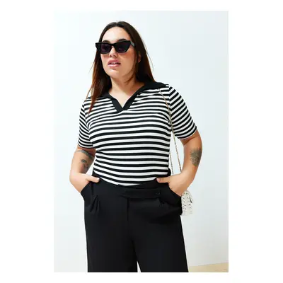 Trendyol Curve Black and White Striped Corduroy Knitted Blouse