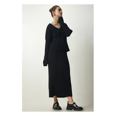 Happiness İstanbul Women's Black Ribbed Sweater Skirt Knitwear Suit