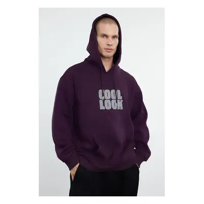 Trendyol Purple Oversize/Wide Cut Hooded Fleece/Warm Embroidered Sweatshirt