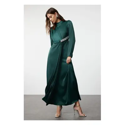 Trendyol Emerald Green Stone Belted Long Satin Woven Evening Dress