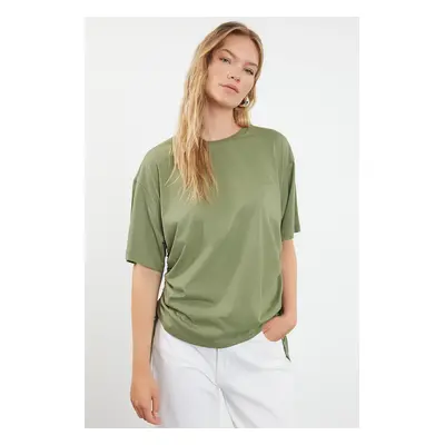 Trendyol Khaki 100% Cotton Back and Front Printed Oversize/Relaxed Cut Knitted T-Shirt