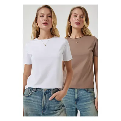 Happiness İstanbul Women's White Mink Crew Neck 2-Pack Basic Knitted T-Shirt