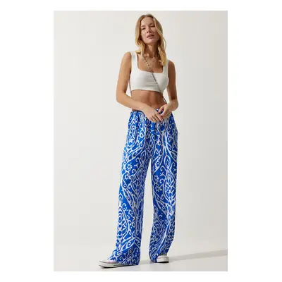 Happiness İstanbul Women's Blue and White Patterned Flowing Viscose Palazzo Trousers