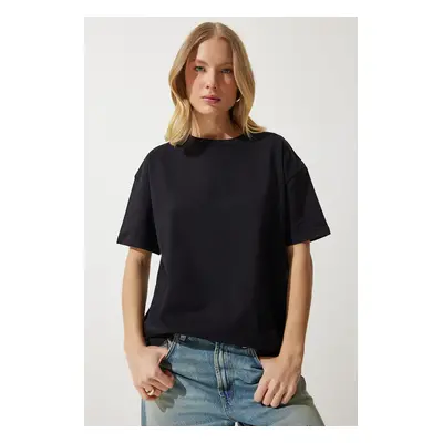 Happiness İstanbul Women's Black Loose Basic Cotton T-Shirt