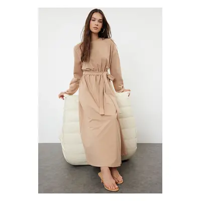 Trendyol Beige Belted Oversize Knitted Dress