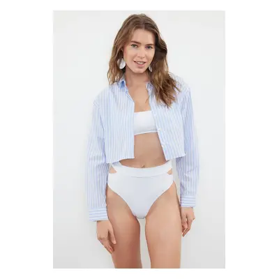 Trendyol Light Blue Striped Crop Woven Backless Linen Look Shirt