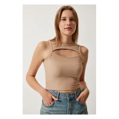 Happiness İstanbul Women's Biscuit Cut Out Detailed Ribbed Crop Knitted Blouse