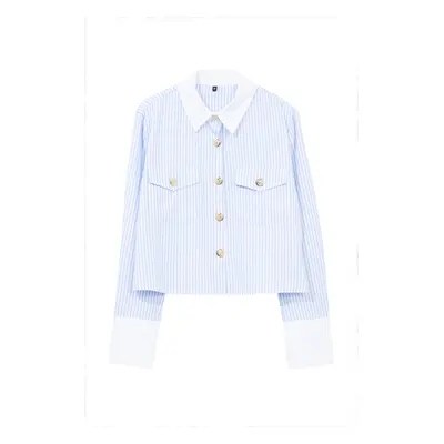 Trendyol Blue Metal Button Detailed Collar and Sleeve Detailed Striped Regular Regular Fit Shirt