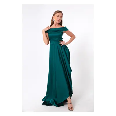 Lafaba Women's Petrol Boat Neck Satin Evening Dress & Prom Dress