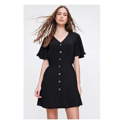 Trend Alaçatı Stili Women's Black Waist Gathered V Neck Woven Dress