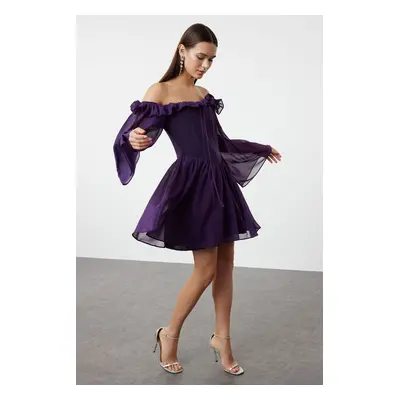 Trendyol Purple A-Line Lined Flounce Woven Chiffon Short Elegant Evening Dress