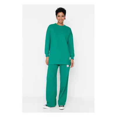 Trendyol Dark Green Crew Neck Knitted Tracksuit Set with Ornamental Label