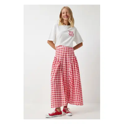 Happiness İstanbul Women's Dark Pink Gingham Flounce Summer Poplin Skirt