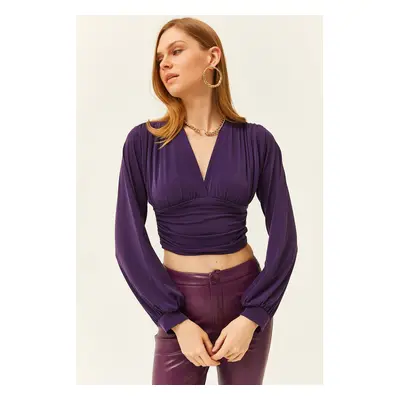 Olalook Women's Purple Deep Low-cut Waist Banded Crop Blouse