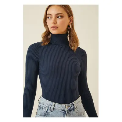 Happiness İstanbul Women's Navy Blue Turtleneck Ribbed Lycra Sweater