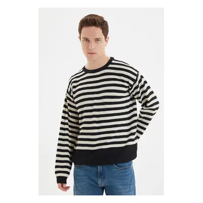 Trendyol Black Oversize Fit Wide Fit Crew Neck Striped Knitwear Sweater