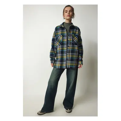 Happiness İstanbul Women's Navy Blue Green Patterned Oversize Cachet Lumberjack Shirt