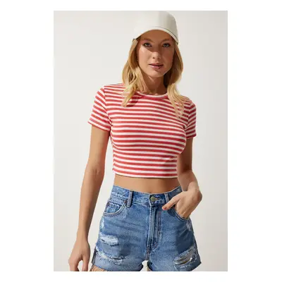 Happiness İstanbul Women's Dark Orange Striped Crop Knitted T-Shirt