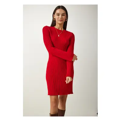 Happiness İstanbul Women's Red Ribbed A-Line Knitwear Dress