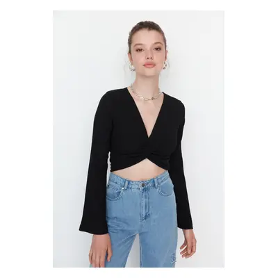 Trendyol Black Knot Detailed Wrapped/Textured Crop Knitted Blouse